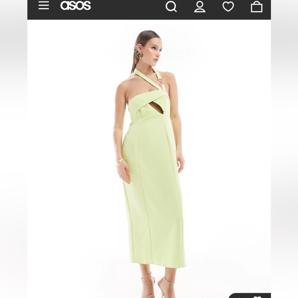 ASOS DESIGN asymmetric cut out midi dress with hardware detail in lime - Picture 1 of 5